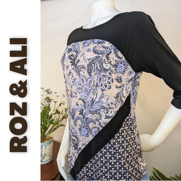 Roz & Ali Top Blouse Petite Small Purple Paisley Black Colorblock Stretch Boho - Picture 2 of 9